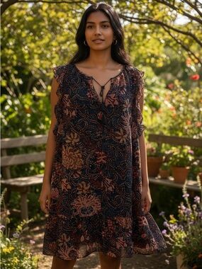 Madewell Boho Floral Ruffle Navy Dress Size XL